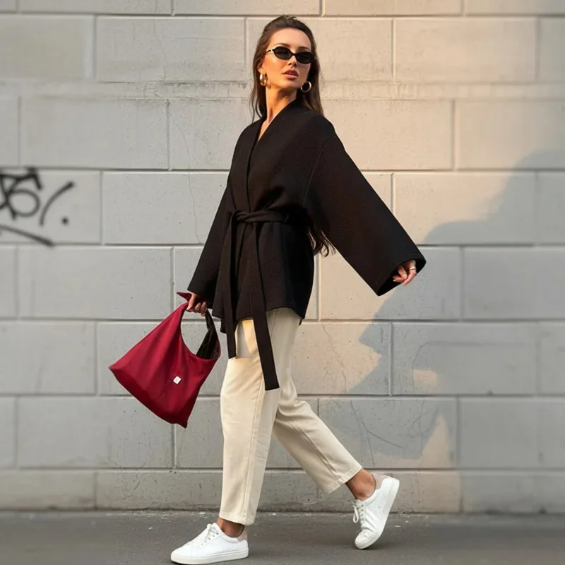 Stylish Women’s V Neck Wrap Jacket With Tie Waist Relaxed Long Sleeves Soft Comfortable Fabric Perfect For Casual Fall Outfits