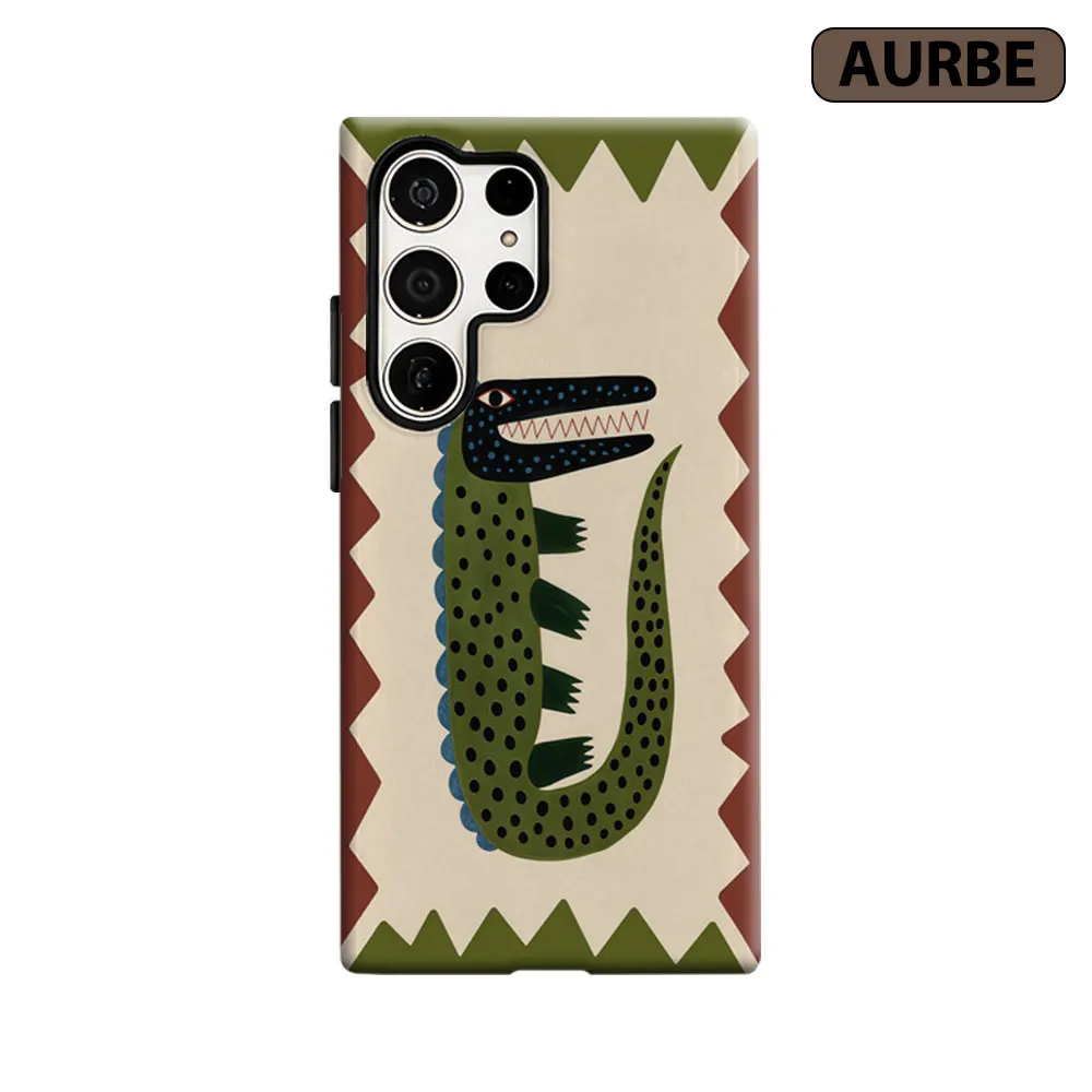 Aurbe Phone Case For Samsung Galaxy S26 S25 S24 S23 Ultra Plus HD Hard Boho Crocodile Folk Art Double Layer Film Cover
