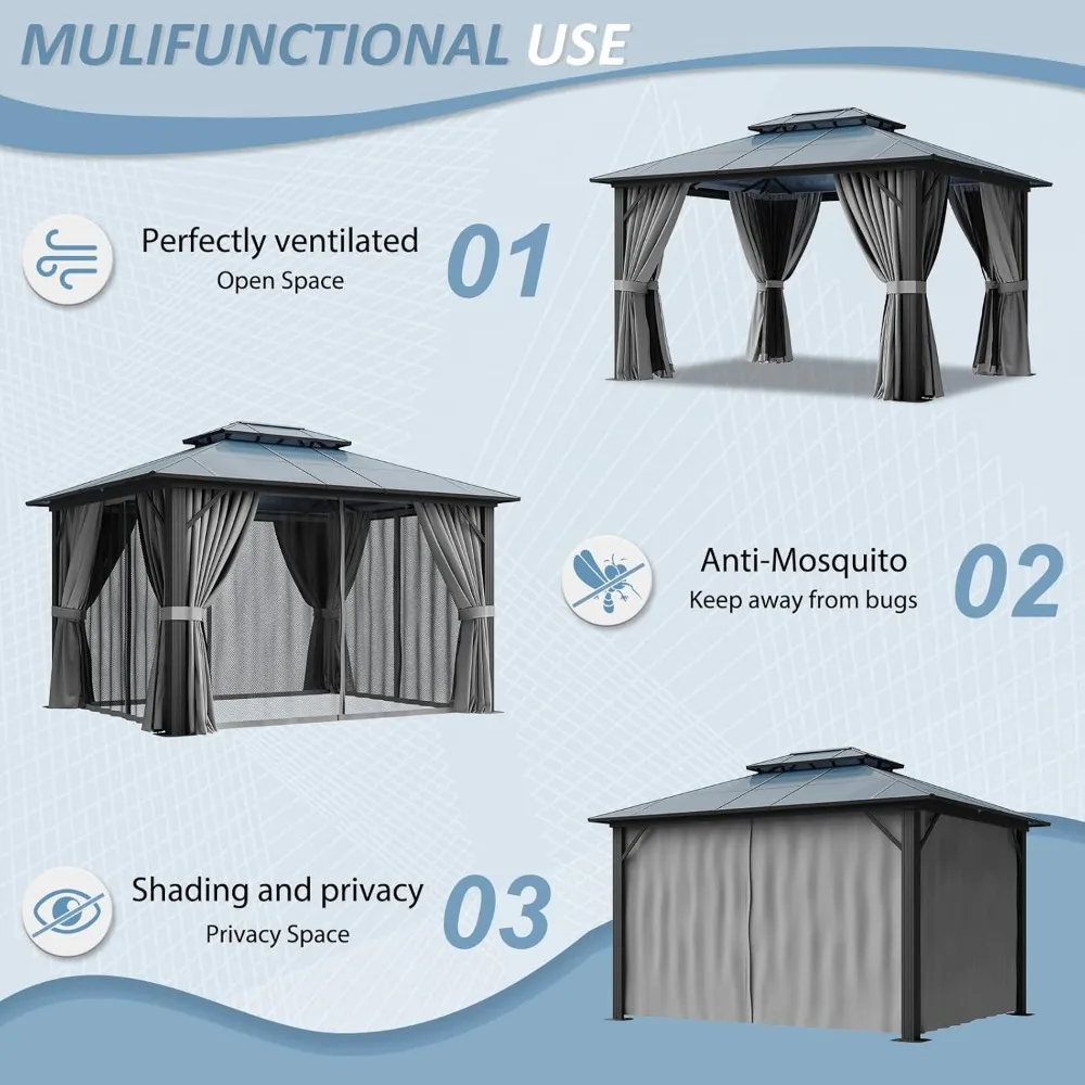 

10'x12' Hardtop Gazebo, Aluminum Framed Outdoor Gazebo with Double Polycarbonate Roof, Durable Pavilion, Customized