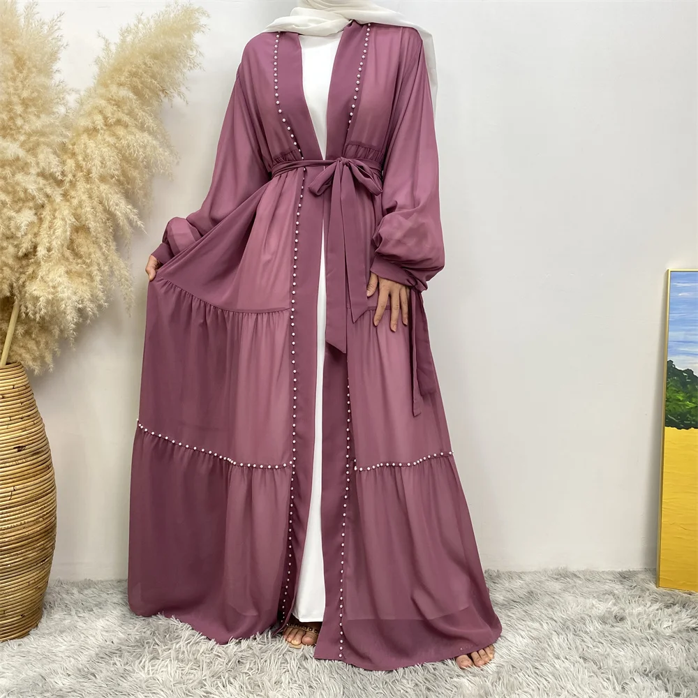 New Modest Abaya Muslim Women Fashion Elegant Net Color Beaded Muslim lace-up chiffon Cardigan Robe Middle East Turkey Arab Rama