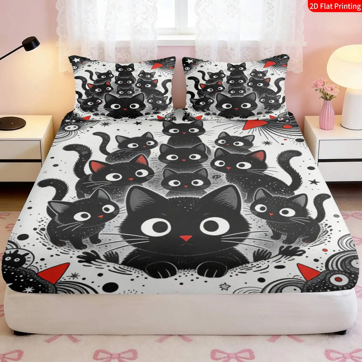 3-piece fitted sheet set, digital print three-piece fitted sheet set, cute cartoon black cat bedding 3-piece set, large-capacity deep pocket 2D printed fitted sheet and 2 pillowcases, mattress protector, fitted elastic style, suitable for all seasons, machine washable design, holiday decoration, various sizes, breathable protector with pillowcase