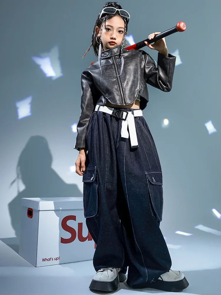 

Kids Kpop Hip Hop Clothing Leather Jacket Top Streetwear Denim Pants for Girls Jazz Dance Costume Clothes