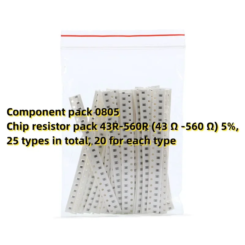 Component pack 0805 Chip resistor pack 43R-560R (43 Ω -560 Ω) 5%, 25 types in total, 20 for each type