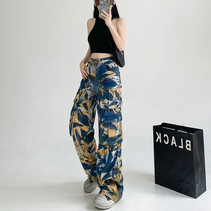 Dżinsy Overall Heavy Duty Tie-Dyed High-Waist Casual Women Summer New Style Loose Slim Wszechstronne spodnie z szerokimi nogawkami i prostymi nogawkami