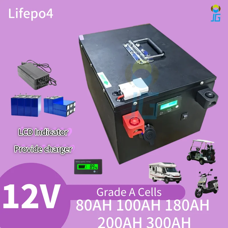 

JG LIFEPO4 battery 12V 200AH 80AH 100AH 180AH 300AH BMS lithium battery for backup power household Energy Storage and camping