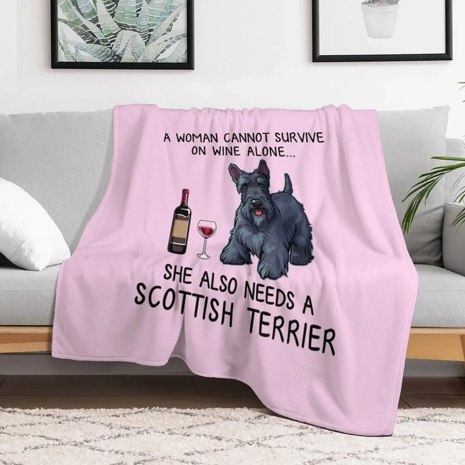 Scottish Terrier and wine Funny gift for dog mom Throw Blanket Soft Plush Plaid for babies Beach Blankets