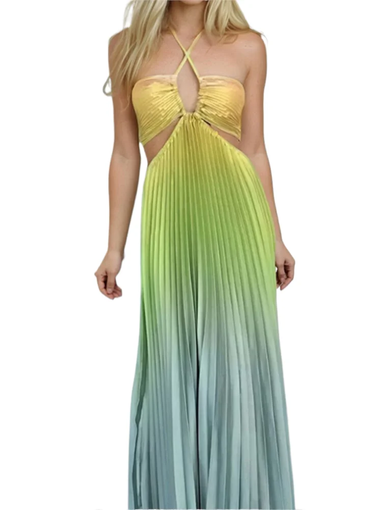 

Fashionable Gradient Pleated Long Dress Summer Hollowed Out Beach Dress Sexy Waist Off Shoulder Hanging Neck Dress For Women
