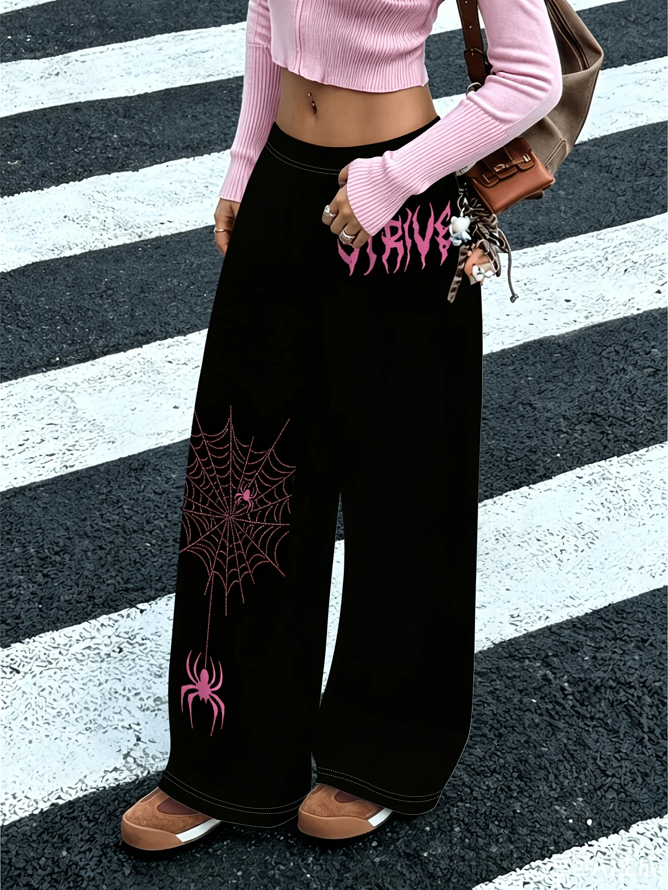 Y2K Punk Style 3D Printed Wide Leg Pants for Women, Black and Pink Contrasting Death Metal Font Loose Straight Casual Pants