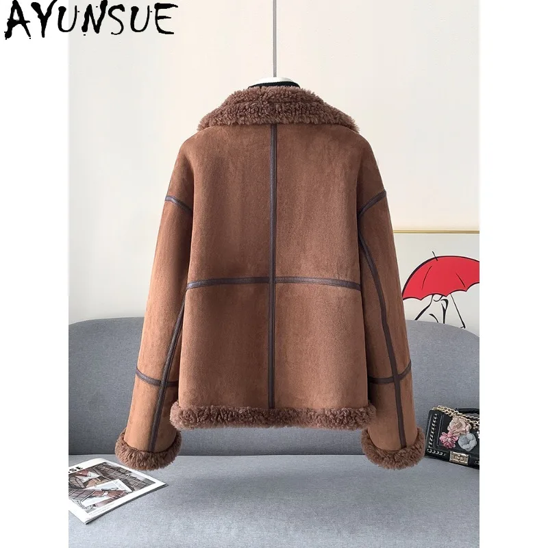سترة شتوية من الصوف 100% من AYUNSUE للسيدات 2025 معطف فرو الضأن على طراز الدراجة النارية سترات قصيرة للسيدات ملابس نسائية #3