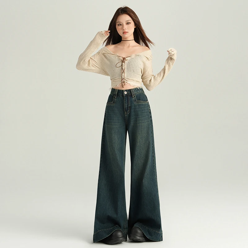 

New Korean Four Seasons High Waist Fashionable Loose Wide Leg Pants Spring Autumn Women'S Casual Versatile Jeans Trousers Lady
