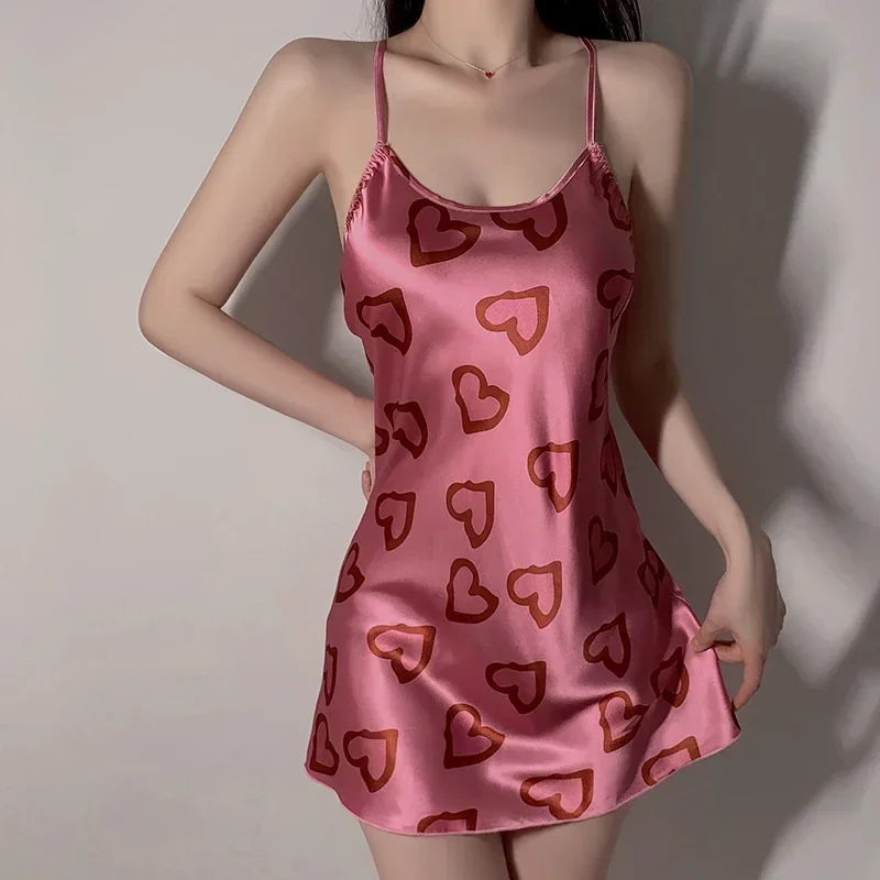 REBEYULI Brand Lingerie Hot 2024 Ladies Sleeping Dress Cute Nightwear Women Pink Love Print Mini Night Dress Women's Nightgowns