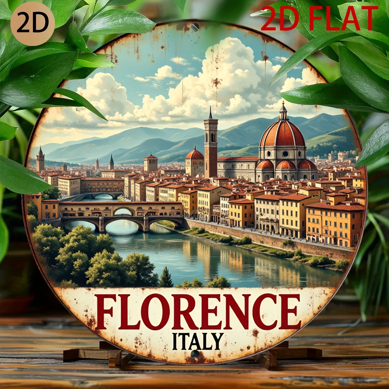2D Flat - A Round Metal Sign Featuring a Vintage Cityscape of Florence, Italy, Perfect for Decorating a for Home Bar Or Café