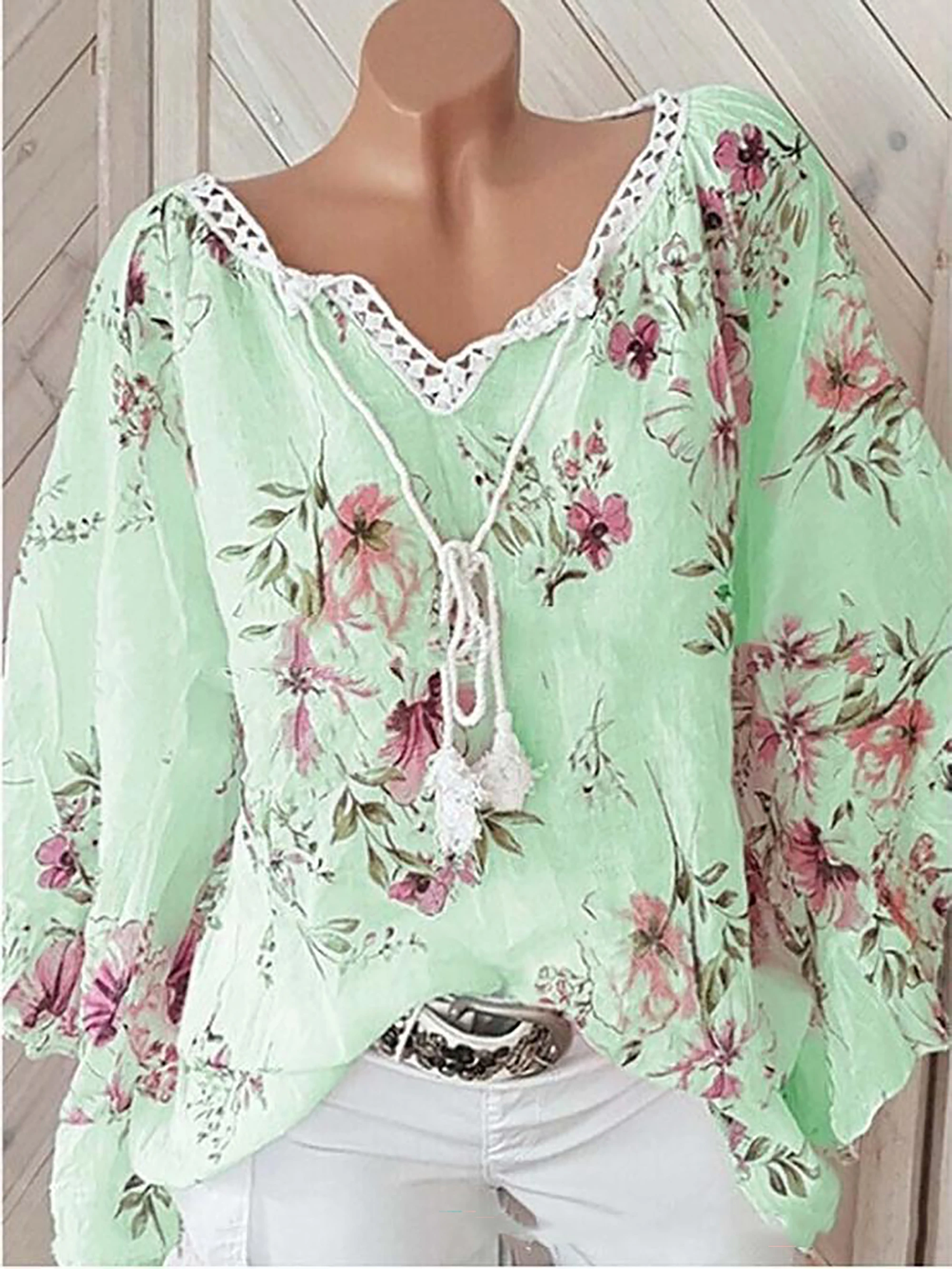 2024 Europe and the United States spring and summer new women\'s top V-neck splicing print large size long-sleeved shirt women