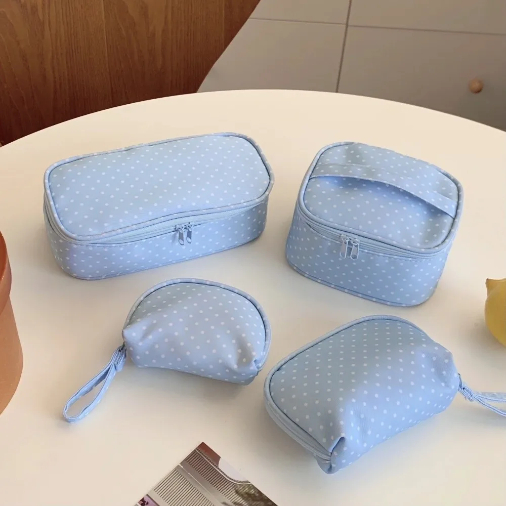 Polyester Polka Dot Makeup Bag Light Blue Checkered Cosmetic Pouch Multi Size Zipper Travel Toiletry Storage Bag Handheld