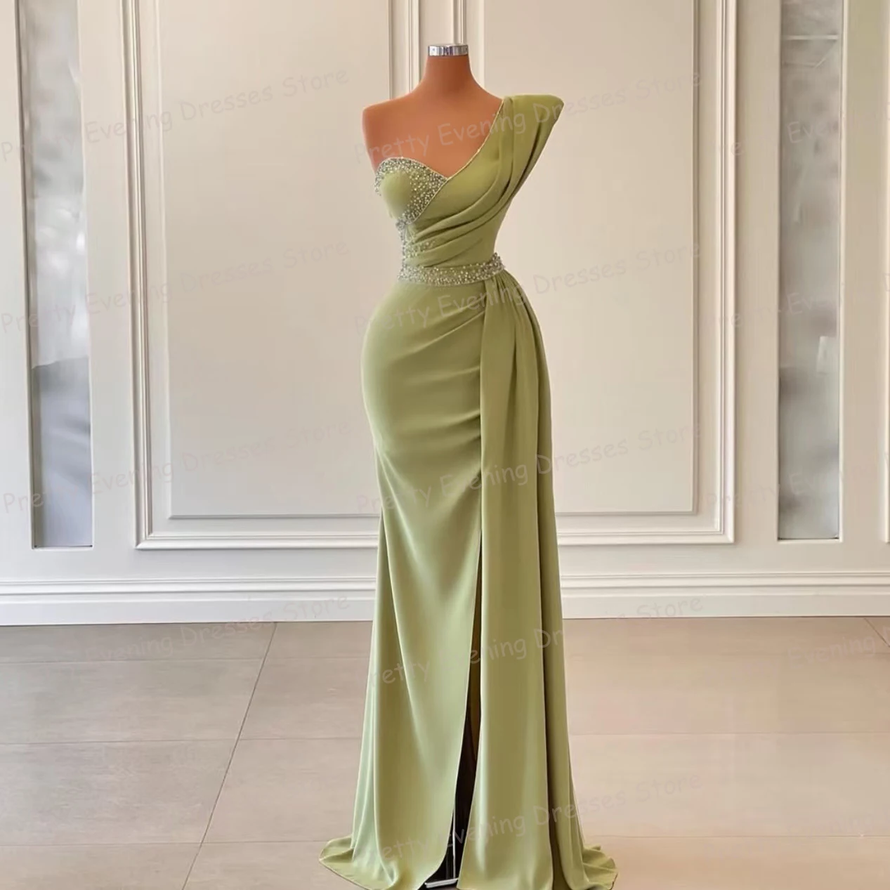 Elegant Green Evening Dresses Sleeveless Woman's Mermaid Prom Growns Sexy One Shoulder Split Party Customized Vestidos De Fiesta