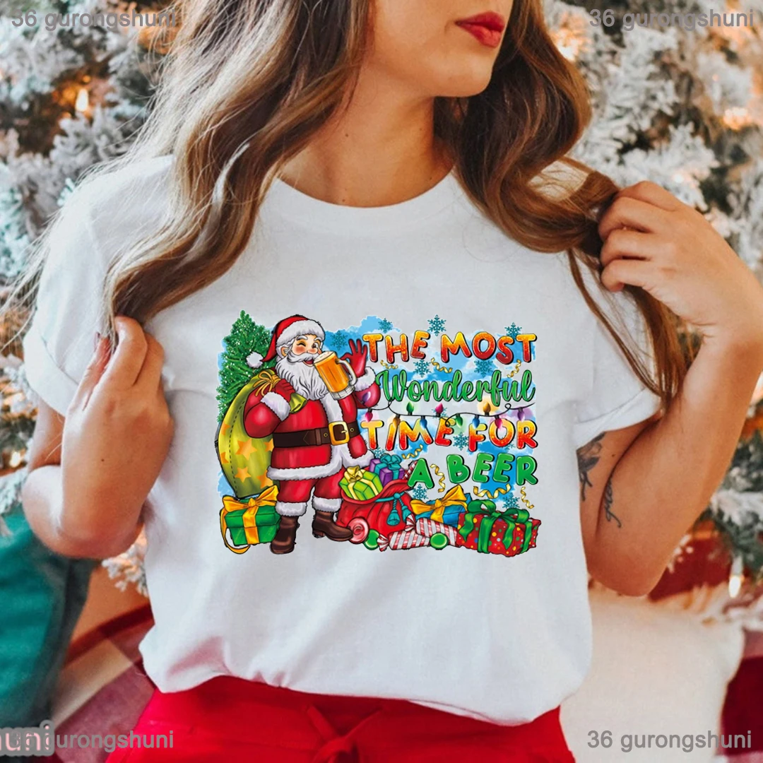 2024 The Most Wonderful Time For A Beer Christmas Graphic Printed T Shirt Girls Santa Claus Xmas Gift Tshirt Women Funny T-Shirt