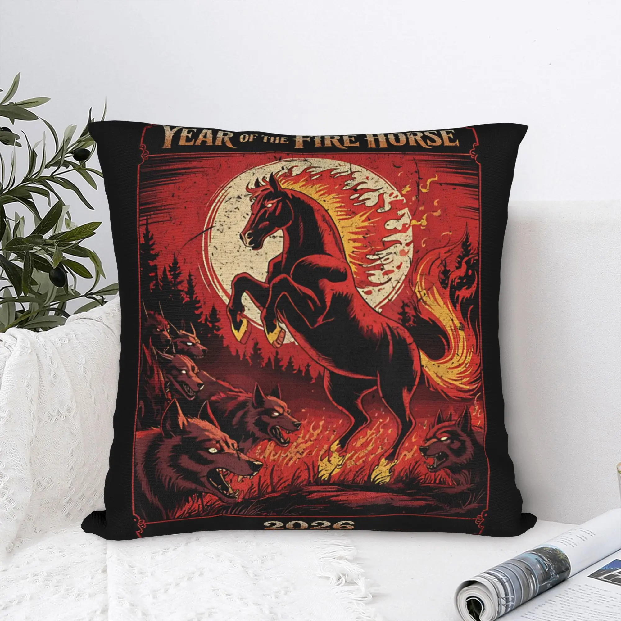 Year of The Fire Horse 2026 Pillow Case  Funny Pillow Cover Square Pillowcases For Chair Sofa Home Decor