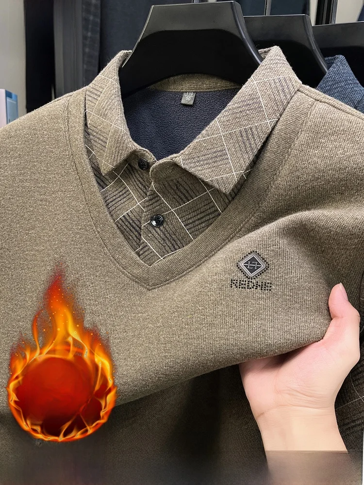 

Мужской зимний теплый клетчатый вязаный топ с воротником-стойкой на подкладке из двух предметов, повседневный длинный све