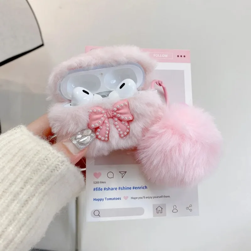 lovely pearl bow Pink white plush fluffy pendant soft earphone accessories shockproof protection case For airpods 1 2 3 4 pro 2