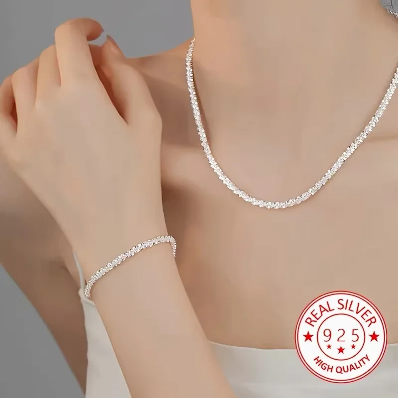 Fashion Kpop 2pcs 925 Sterling Silver Classic Bracelet Necklace Jewelry Set For Women Original Jewelry Wedding Engagement Gift