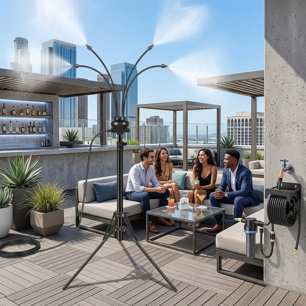 Cooling Outdoor with Adjustable Height 5.25FT Misting System and 26.5FT Standing Misters for Outside Patio Portable Water Mister