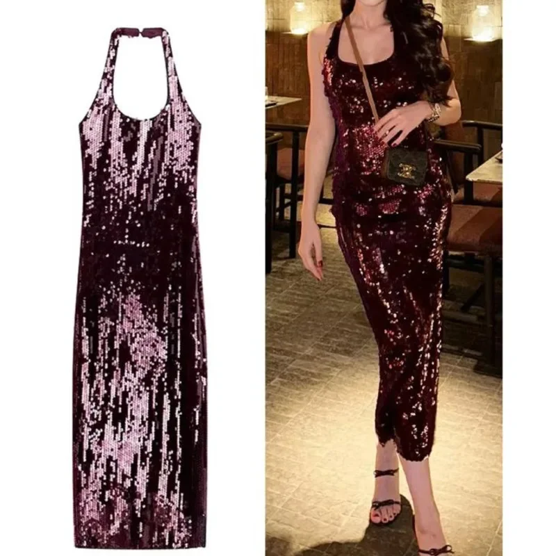 

Sexy Halter Sequin Long Dresses Woman Backless Hanging Neck Slim Split Party Dress Elegant Beach Dress Socialite Evening Robes