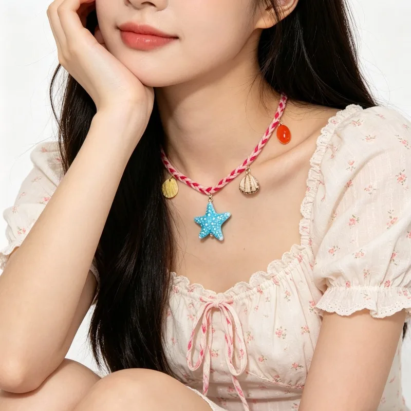 Summer Seaside Handwoven Starfish Shell Collarbone Chain Resort Vacation Beach Jewelry Premium Adjustable for Women Daily Wear