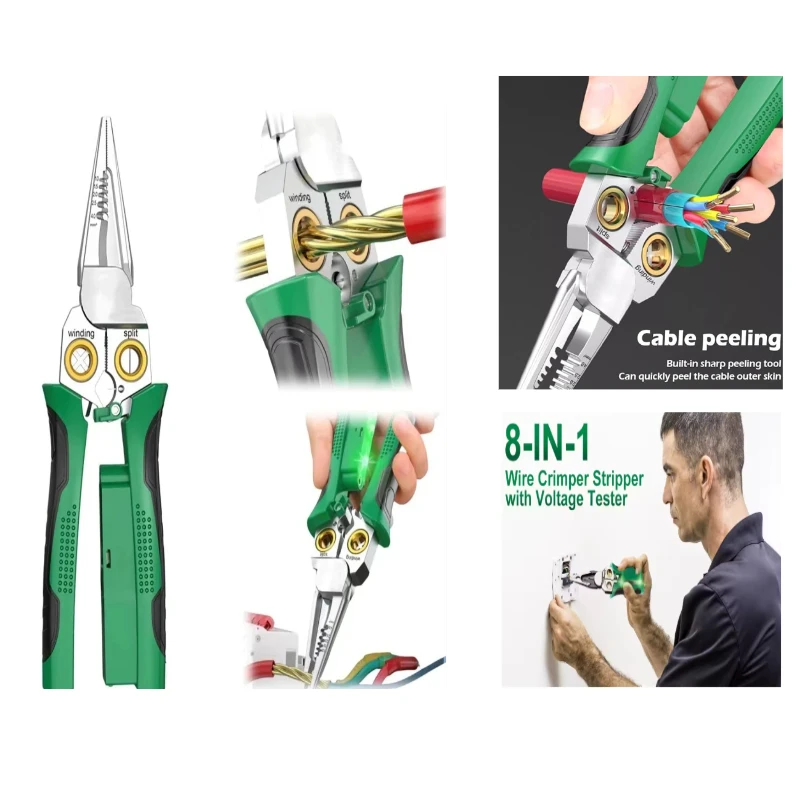 

Многофункциональный инструмент для зачистки проводов 8-в-1 с функцией измерения батареи Профессиональный инструмент для резки и обжима проводов Зеленый 1 шт.