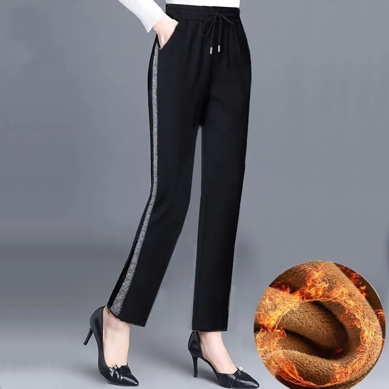 Women's Fleece Lined Straight Leg Casual Pants High Waist Nine Length Asymmetric Design Autumn Winter Warm Sporty Trousers
