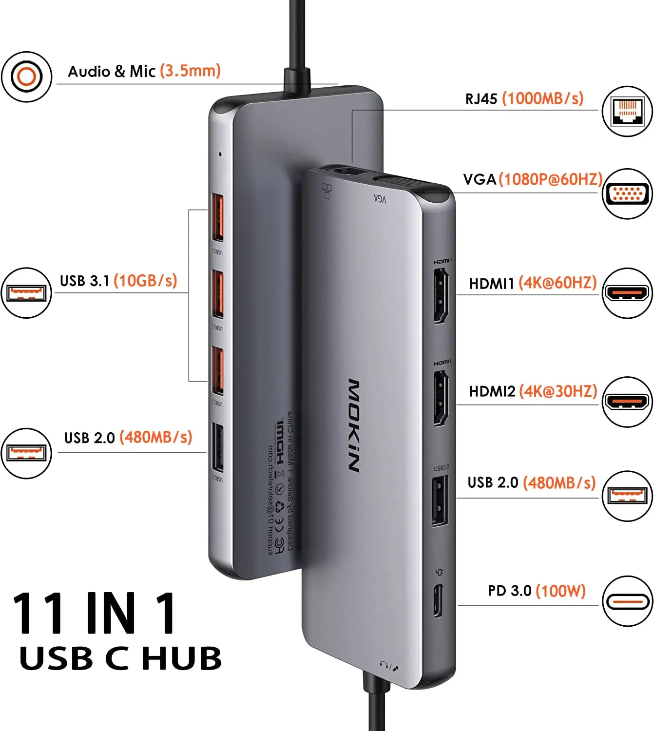 Imagem -02 - Mokn-usb c Hub para Laptop e pc Docking Station 4k Hdmi 1080p Vga Usb 3.1 Usb2.0 pd Carregamento Rj45 Ethernet para Macbook Pro Air