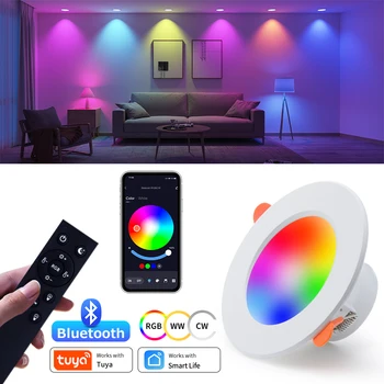 스마트 LED 다운라이트 투야 스마트 라이프 블루투스 캔 천장 조명, 밝기 조절 RF 2.4G 원격 그룹 제어 RGB 천장 램프, 220V, 10W