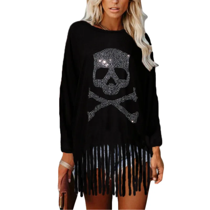 Women's Halloween Clothes Diamond Skull Casual Pullovers New Autumn Woman Bat Long Sleeve T-shirt Women Tassels Fashion Top