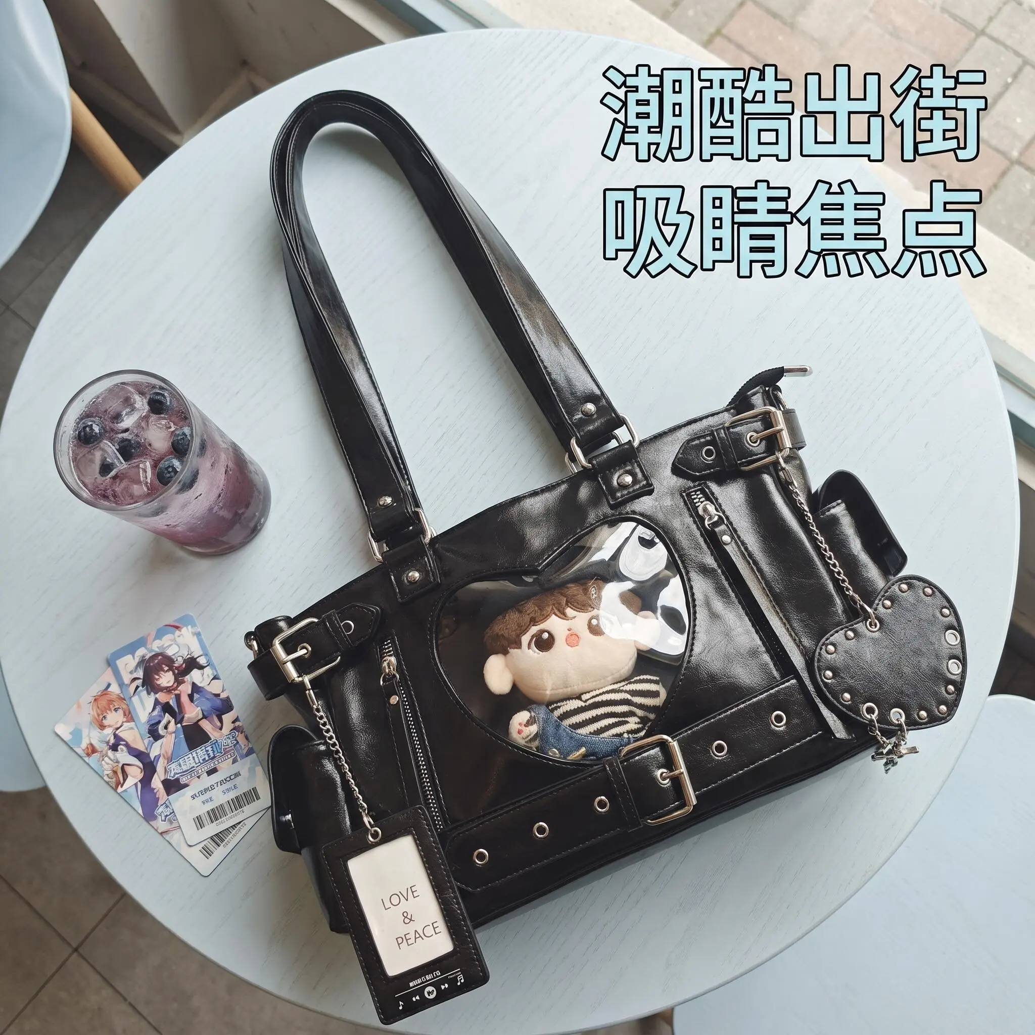 Punk Sweet Cool Tote Bag Lta Bag for Women PU Leather Clear Window Rivet Chain Decor Large Capacity Street Fashion Handbag