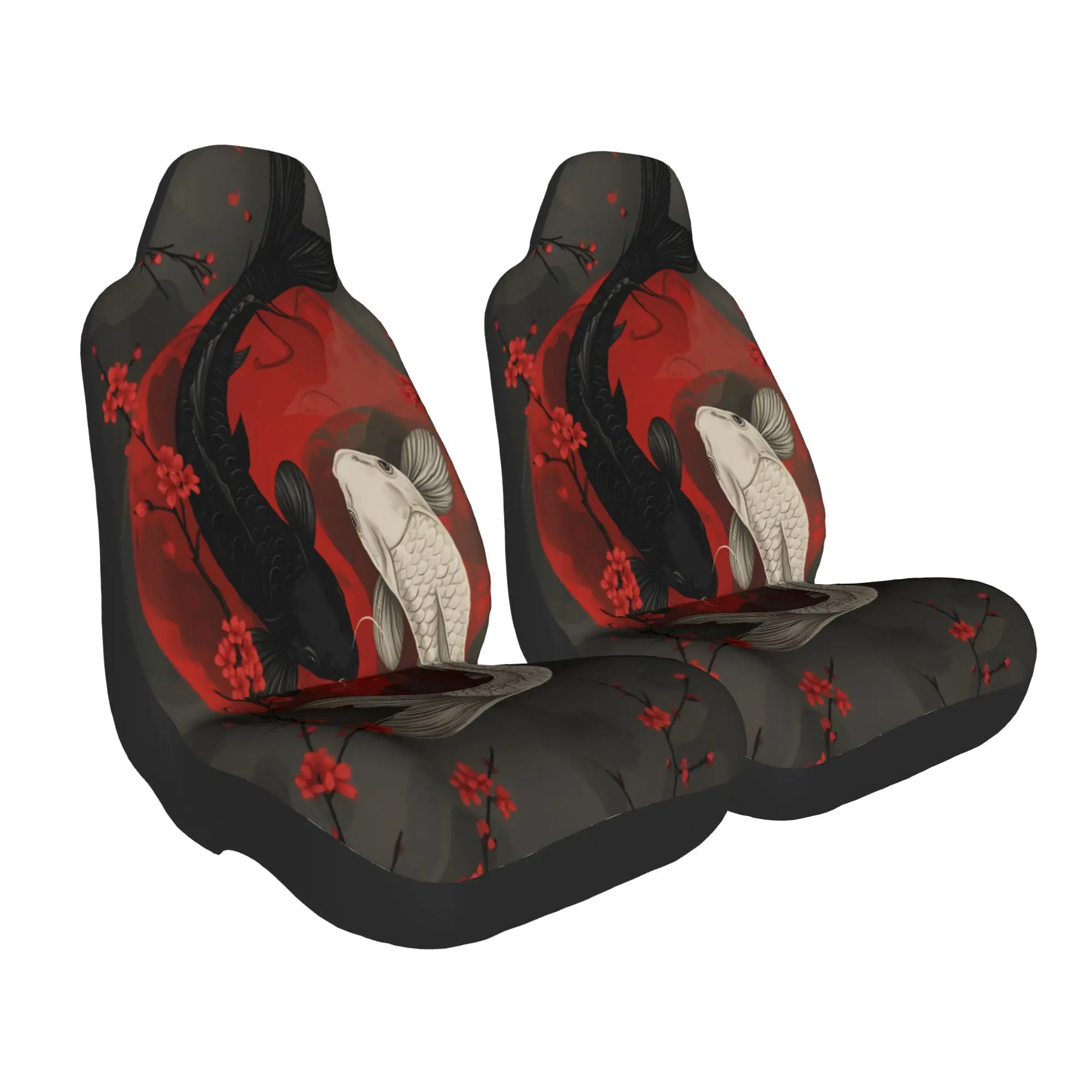 2pcs Yin And Yang Koi Fish With Cherry Blossom Branches And Red Moon Background Car Seat Covers | Suitable For SUVs Such As Seda