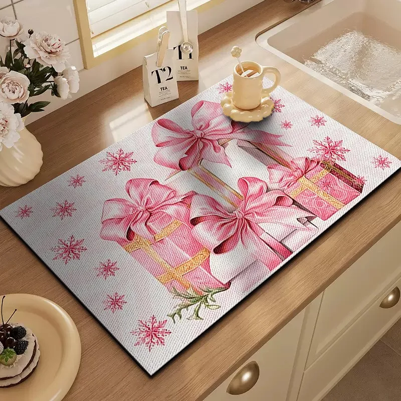 VIKAMA Diatomite Drying Mat, Fast Drying Non-Slip Heat Resistant Eco-Friendly Dish Drying Pink Snowman Snowflake