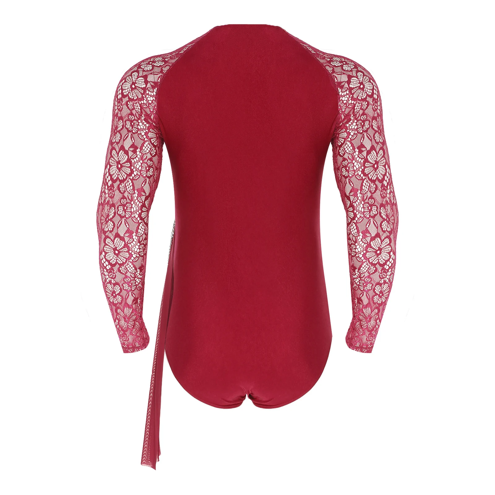 Medias de Ballet y gimnasia para hombre, traje de baile latino, camisa, traje de encaje Floral transparente, mono de leotardo con borlas y cadena de malla fruncida