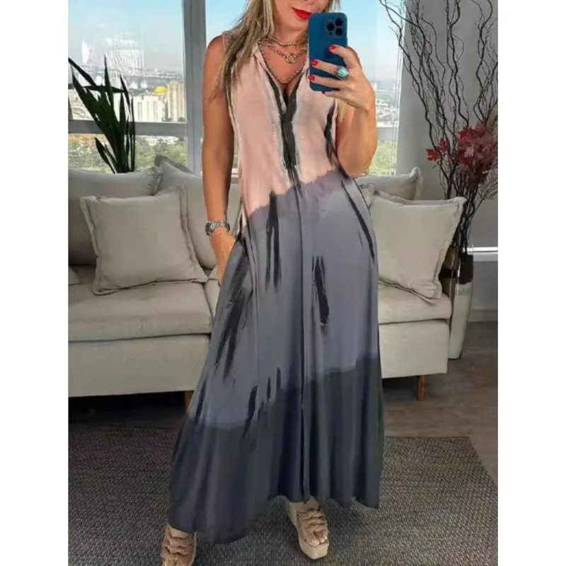 Women Fashion Casual Contrast Color Print Dresses Sexy Deep V-neck Sleeveless Loose Pocket Long Dress Elegant Commuting Vestidos