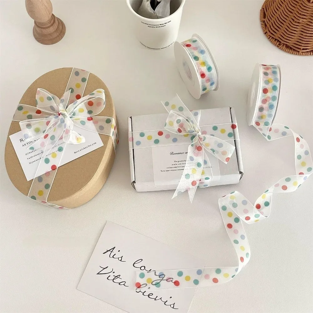 Buntes Geschenkband mit Polka Dots aus Polyester, Dekoratives Geschenkbox-Band mit Schleife, Transparentes Verpackungsband