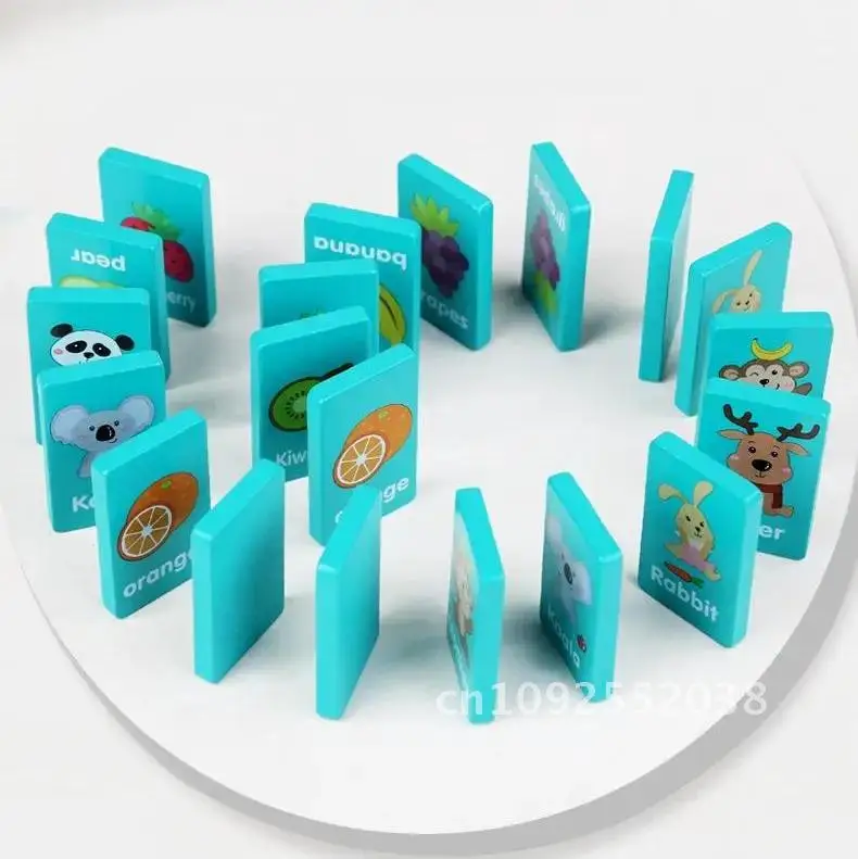 blue blocks matching games animal fruit letter Wooden reflection Domino toys color kindergarten block memory building overturn