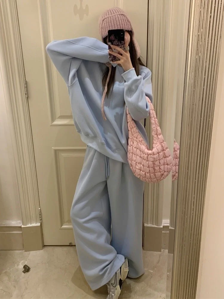 Ensemble 2 pièces à lacets taille haute et pantalon large pour femmes, survêtement doublé, manteaux à col rond, mode coréenne Veleen, Y-Conjunto