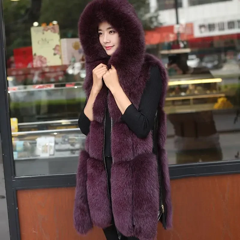 2023 Autumn Winter New Women Faux Fox Fur Coat Mid Length Version Hooded Waistcoat Thicken Warm Casual Outwear Fashion Slim Top