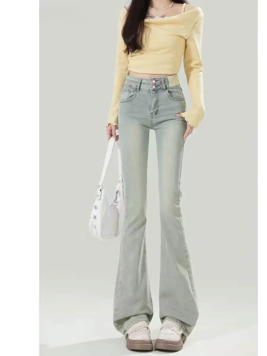 

Light Blue American Style Bell Bottom Jeans Women's Spring Autumn 2026 New Slim Fit Short Versatile Double Button Not Tight L...