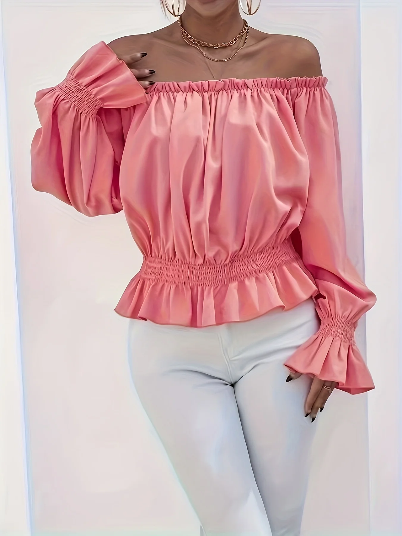 

Женская однотонная повседневная рубашка размера плюс 1XL-5XL, модная блузка с длинными рукавами и открытыми плечами, расклешенные рукава, топы-рубашки