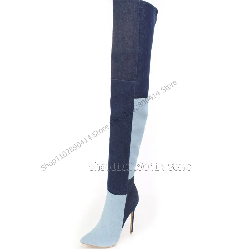 Mixed Color Denim Geometric Design Pointy Toe Boots Side Zipper Women Shoes Thin High Heels New Fashion 2026 Zapatos Para Mujere