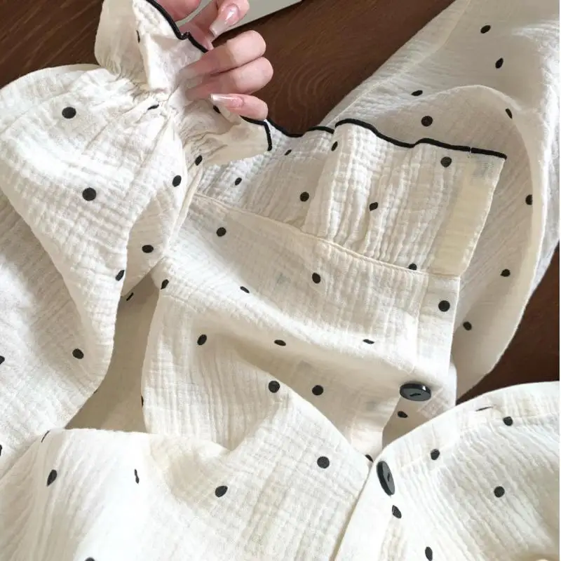 Women Lace Doll Collar Pajama Set Pearl Button Long Sleeve Wide Leg Pants Sweet Casual Loungewear All Season Sleepwear