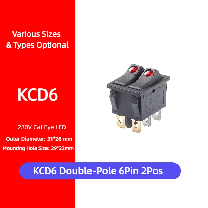 KCD6 Double-Pole Boat Rocker Switch 6Pin 2Pos 16A 220V Red LED Silver Contact Cat Eye  Marine RV Heavy Duty Panel Mount Off-Road
