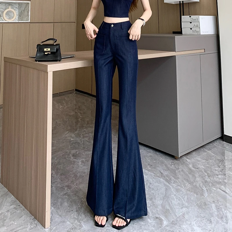 

Y2K 2023 Vintage Blue High Waist Women Full Length Jeans Wide Leg Flare Trouser Famale Strecth Denim Streetwear Clothing