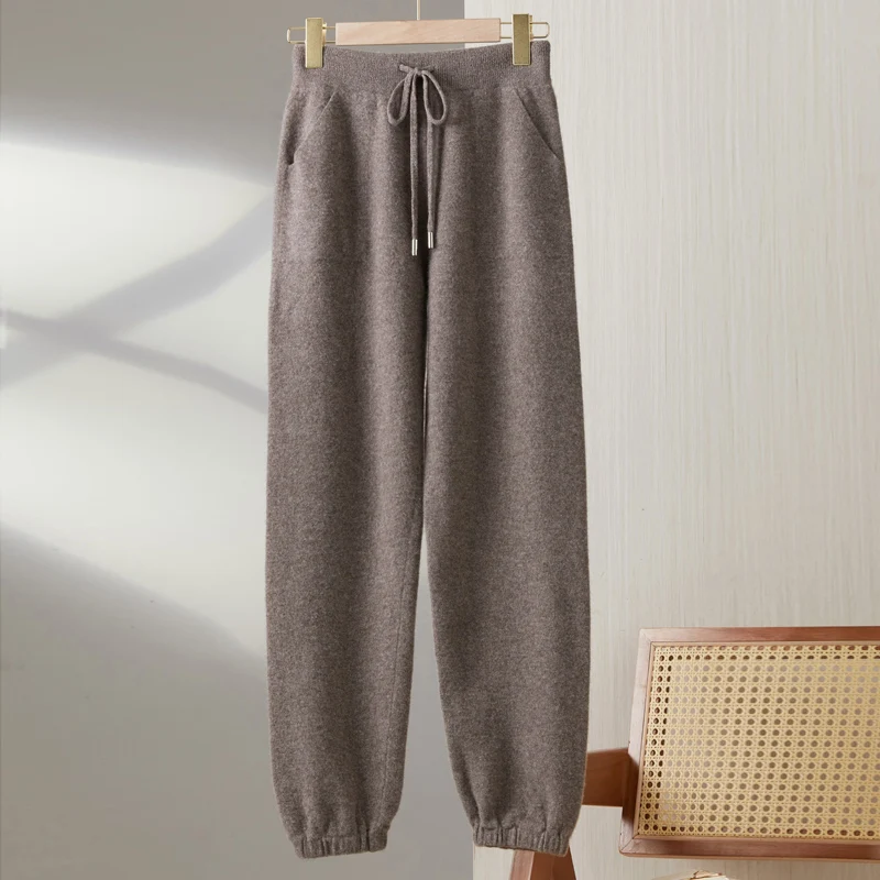 100% merino wool women's knitted trousers, popular, fashionable, warm, pocket, small leg pants 2024 autumn and winter new style