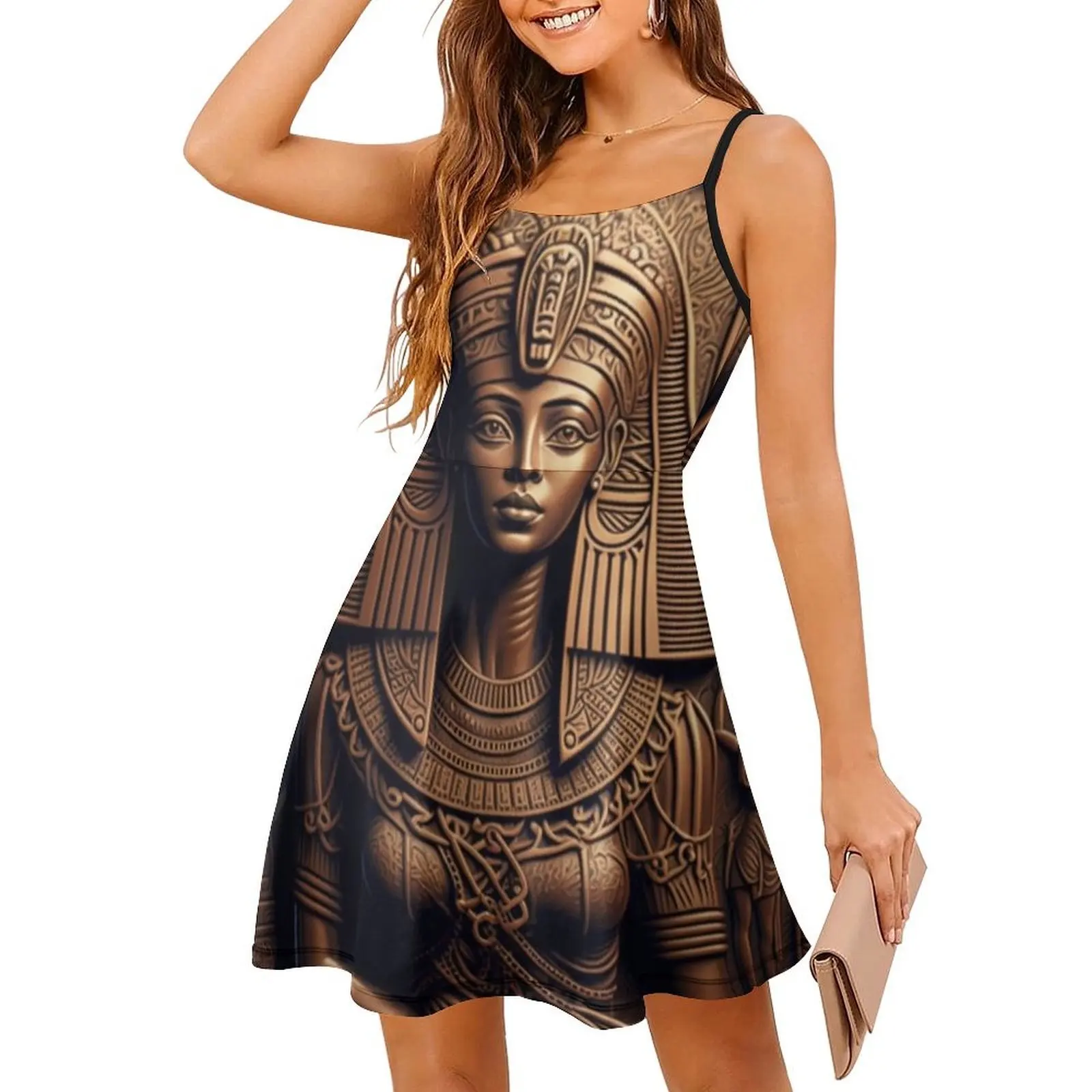 الكاهنة المصرية في الذهب. فستان نسائي للحفلات ملابس الشارع الشهير ملابس نادي مطبوعة عصرية للنساء مجمدة مصرية مصرية قديمة #3