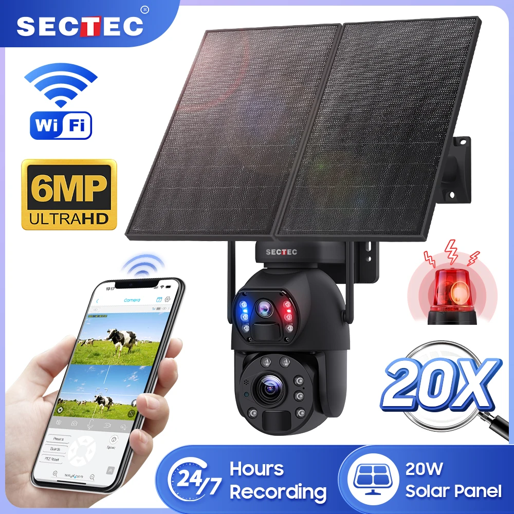 SECTEC 6MP 20X Zoom Solar Outdoor Security Camera, PTZ Waterproof CCTV with Night Vision for Home Yard Garden Surveillance